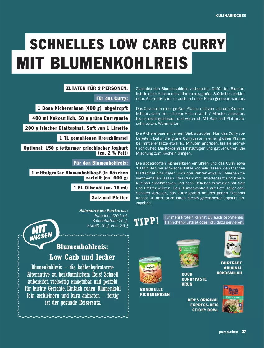 Aktueller Prospekt Hit - pures Leben - von 01.01 bis 30.06.2025 - strona 27 - produkty: blattspinat, blume, blumen, blumenkohl, bonduelle, braten, braun, brustfilet, curry, eis, elle, erbsen, erde, express-reis, filet, gin, Griechischer Joghurt, hähnchenbrust, hähnchenbrustfilet, joghur, joghurt, kichererbsen, kokos, kokosmilch, küche, Küchen, küchenmaschine, leine, LG, limette, limetten, Mett, metten, milch, olive, oliven, olivenöl, pfanne, pfeffer, reis, ring, rwe, saft, salz, Schal, Schale, spinat, teller, Ti, tisch, Tofu