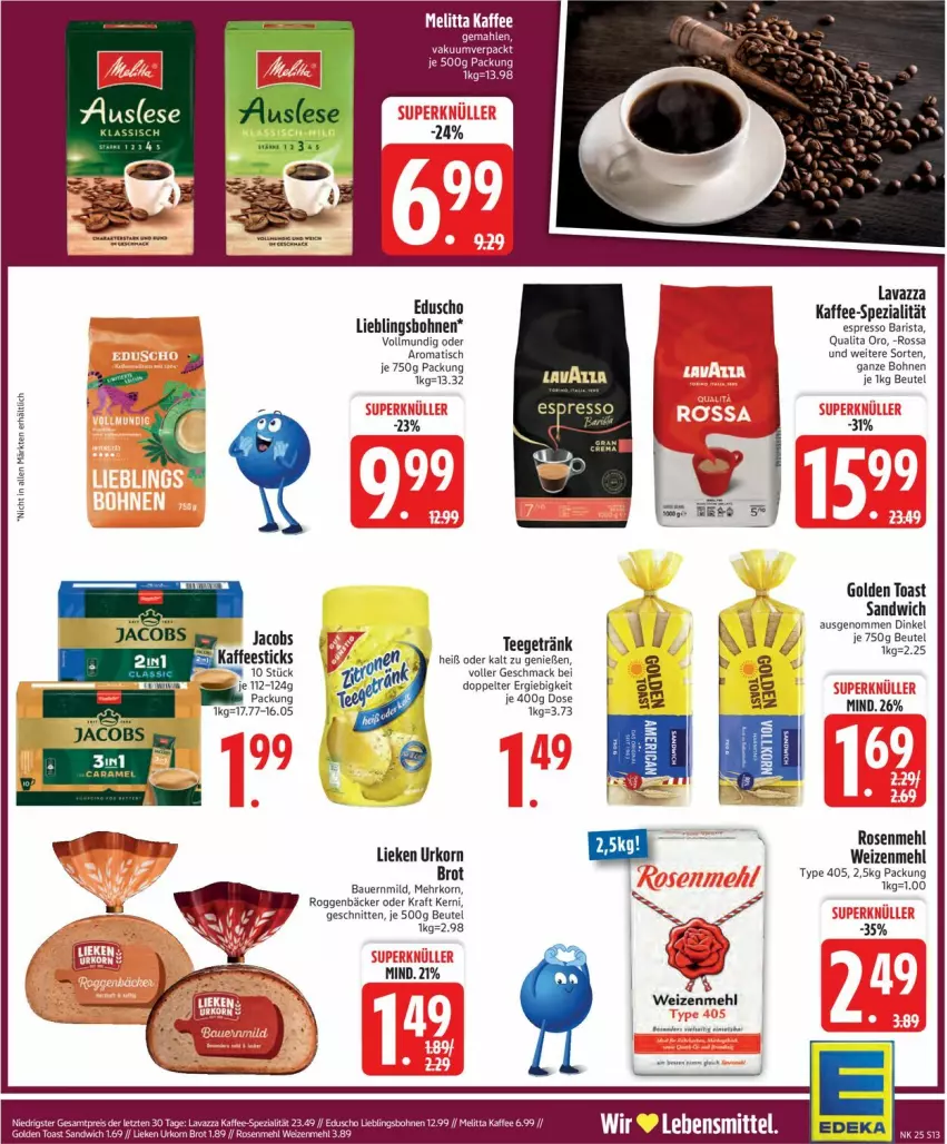Aktueller Prospekt Edeka - Prospekte - von 16.06 bis 21.06.2025 - strona 15 - produkty: auer, Bau, Bauer, beutel, bohne, bohnen, brot, eduscho, eis, espresso, getränk, golden toast, jacobs, kaffee, korn, kraft, lavazza, lebensmittel, lieken, mac, mehl, melitta, reis, rosen, Rosenmehl, sandwich, schnitten, Spezi, tee, Ti, tisch, toast, type 405, urkorn, weizenmehl, ZTE