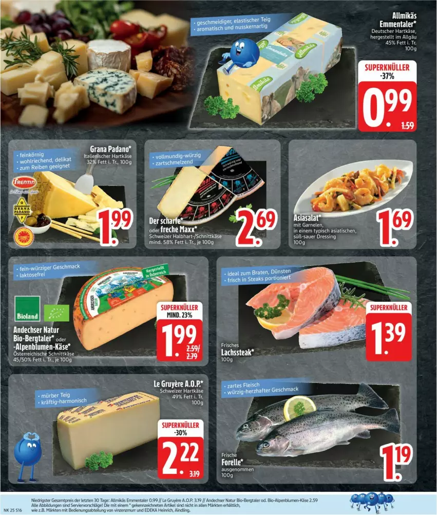 Aktueller Prospekt Edeka - Prospekte - von 16.06 bis 21.06.2025 - strona 18 - produkty: Abtei, bio, bioland, blume, blumen, deka, eis, elle, emmentaler, forelle, garnelen, grana, grana padano, hartkäse, italienischer hartkäse, Käse, lachs, padano, Rana, reis, rel, salat, schnittkäse, steak, Ti, tisch, ZTE