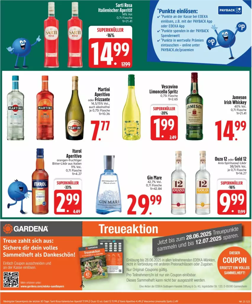 Aktueller Prospekt Edeka - Prospekte - von 16.06 bis 21.06.2025 - strona 25 - produkty: alkohol, coupon, coupons, deka, eis, flasche, frizzante, frucht, gin, gin mare, irish whiskey, jameson, likör, limo, martini, ndk, orange, orangen, ouzo, ouzo 12, payback, reis, Ti, vescovino, whiskey