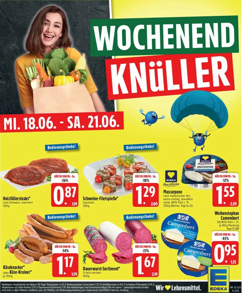 Aktueller Prospekt Edeka - Prospekte - von 16.06 bis 21.06.2025 - strona 27 - produkty: auer, Becher, camembert, filet, filets, Holz, holzfällersteaks, Käse, knacker, lebensmittel, mascarpone, schwein, schweine, schweine-filet, steak, steaks, tee, Ti, weihenstephan, wein, weine, wurst