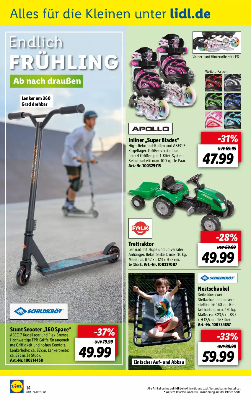 Aktueller Prospekt Lidl - Aktuelle Onlineshop-Highlights - von 01.04 bis 30.04.2022 - strona 14 - produkty: Abba, Anhänger, Bau, Brei, Kugel, leine, ndk, Schaukel, scooter, Ti, ZTE