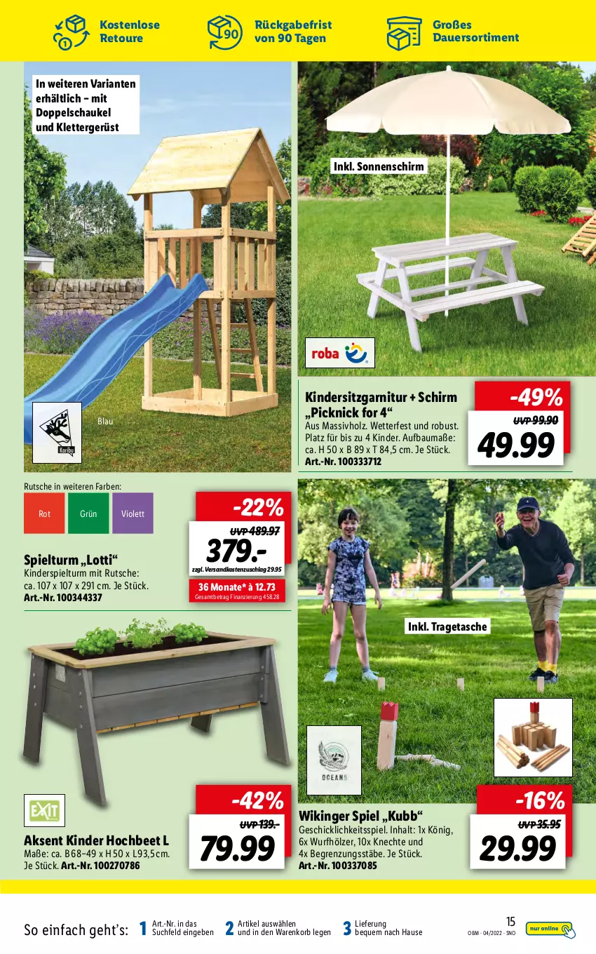 Aktueller Prospekt Lidl - Aktuelle Onlineshop-Highlights - von 01.04 bis 30.04.2022 - strona 15 - produkty: auer, Bau, garnitur, Holz, Kinder, Kindersitz, Kinderspiel, korb, massivholz, ndk, Ria, Schaukel, sonnenschirm, Tasche, Ti, tragetasche