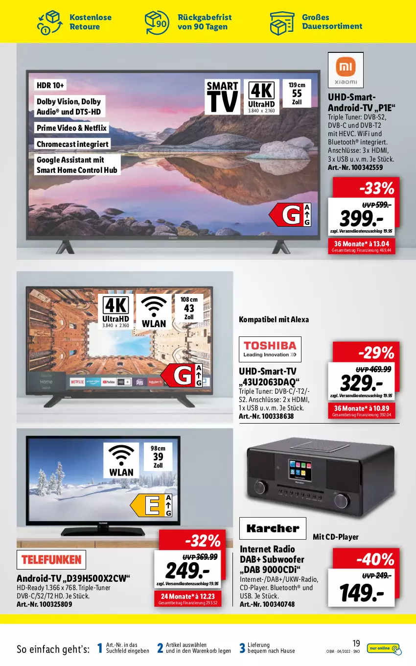 Aktueller Prospekt Lidl - Aktuelle Onlineshop-Highlights - von 01.04 bis 30.04.2022 - strona 19 - produkty: alexa, auer, deo, dvb, dvb-s2, DVB-T, HDMI, Internet Radio, korb, ndk, netflix, Radio, Subwoofer, Ti, tuner, uhd, usb