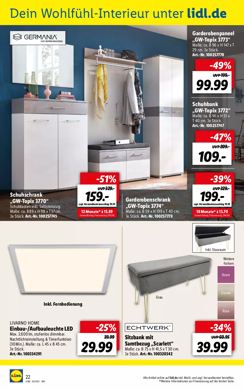 Aktueller Prospekt Lidl - Aktuelle Onlineshop-Highlights - von 01.04 bis 30.04.2022 - strona 22 - produkty: Bank, Bau, beere, creme, fernbedienung, Garderobe, garderobenschrank, Leuchte, Nachtlicht, ndk, paneel, Schrank, schubkasten, schuhschrank, sitzbank, Ti, timer, ZTE