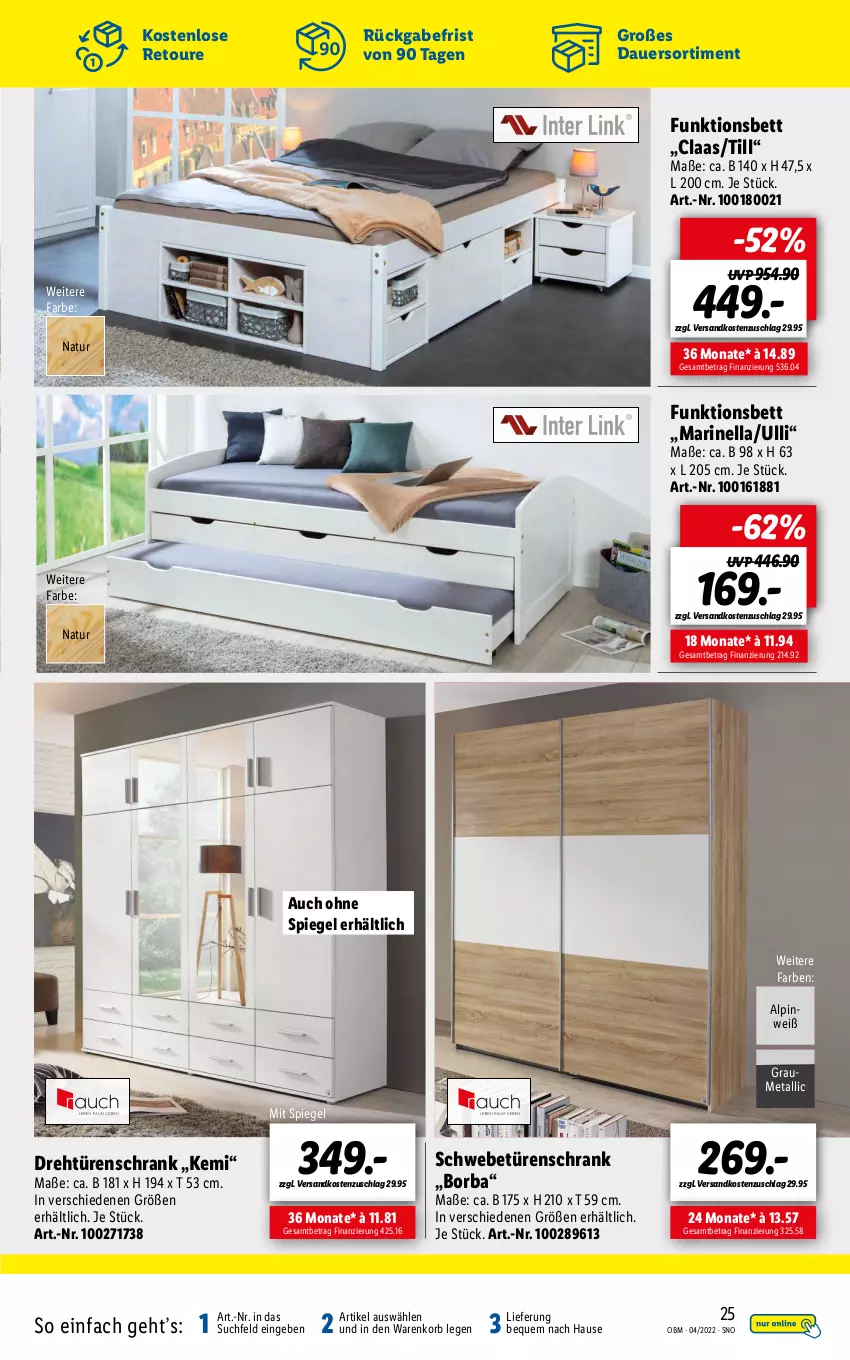 Aktueller Prospekt Lidl - Aktuelle Onlineshop-Highlights - von 01.04 bis 30.04.2022 - strona 25 - produkty: auer, bett, drehtürenschrank, korb, natur, ndk, Schrank, schwebetürenschrank, spiegel, Ti, türenschrank