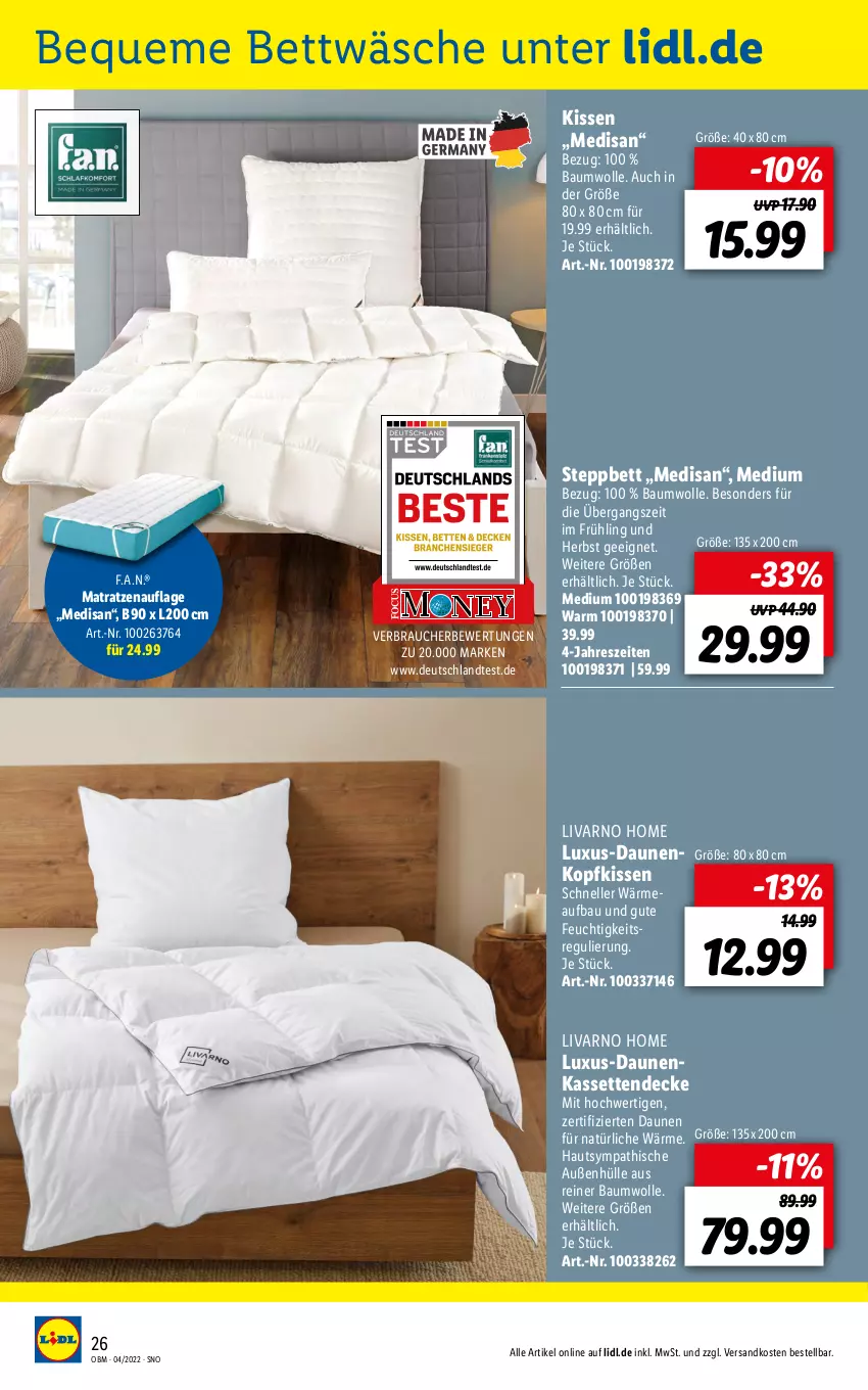 Aktueller Prospekt Lidl - Aktuelle Onlineshop-Highlights - von 01.04 bis 30.04.2022 - strona 26 - produkty: Bau, baumwolle, bett, bettwäsche, decke, elle, Kassettendecke, kissen, kopfkissen, matratze, matratzen, matratzenauflage, ndk, Rauch, steppbett, Ti, wolle