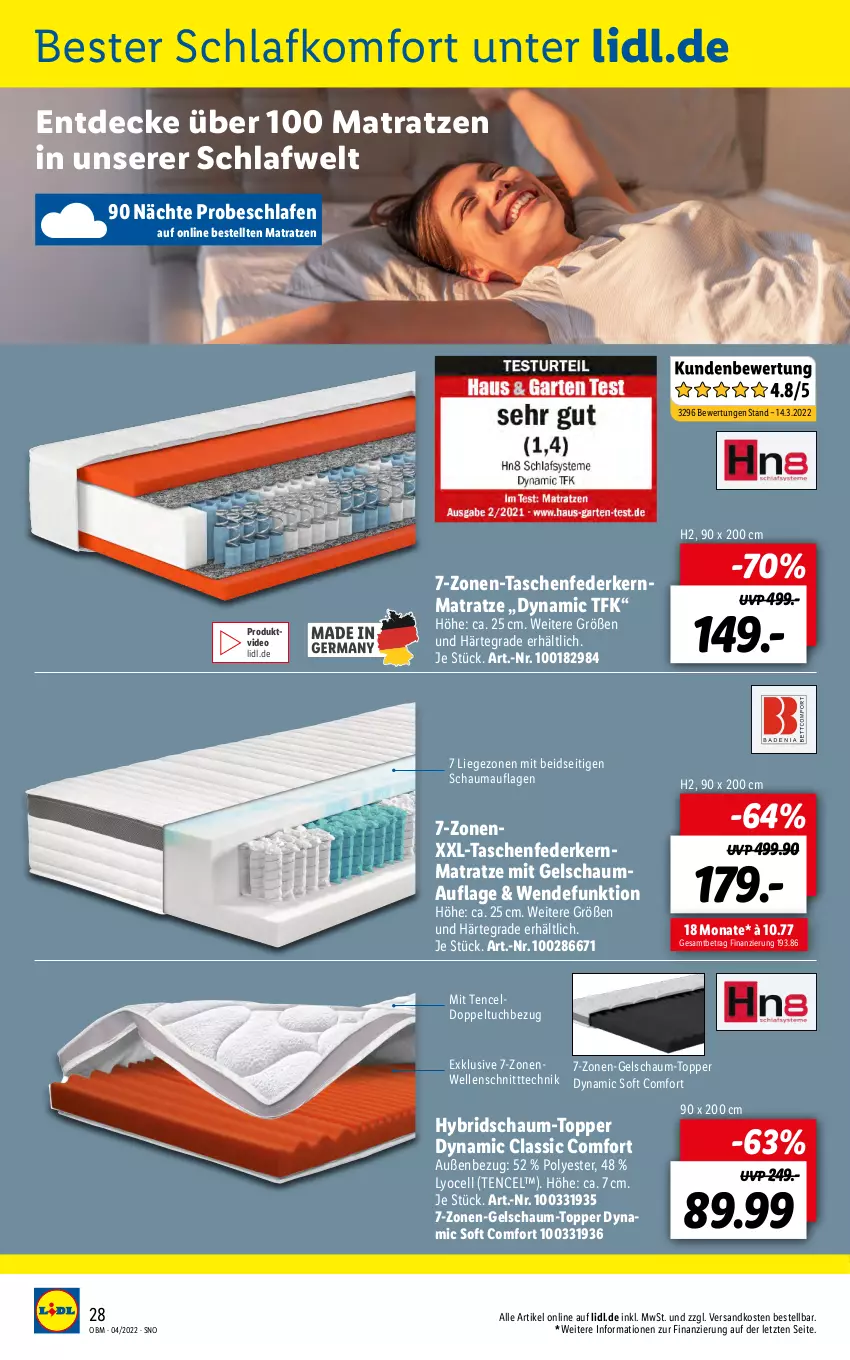 Aktueller Prospekt Lidl - Aktuelle Onlineshop-Highlights - von 01.04 bis 30.04.2022 - strona 28 - produkty: decke, deo, elle, federkern, federkernmatratze, kernmatratze, Liege, matratze, matratzen, ndk, schauma, Tasche, taschen, taschenfederkernmatratze, Ti, topper, tuc, Yo, ZTE