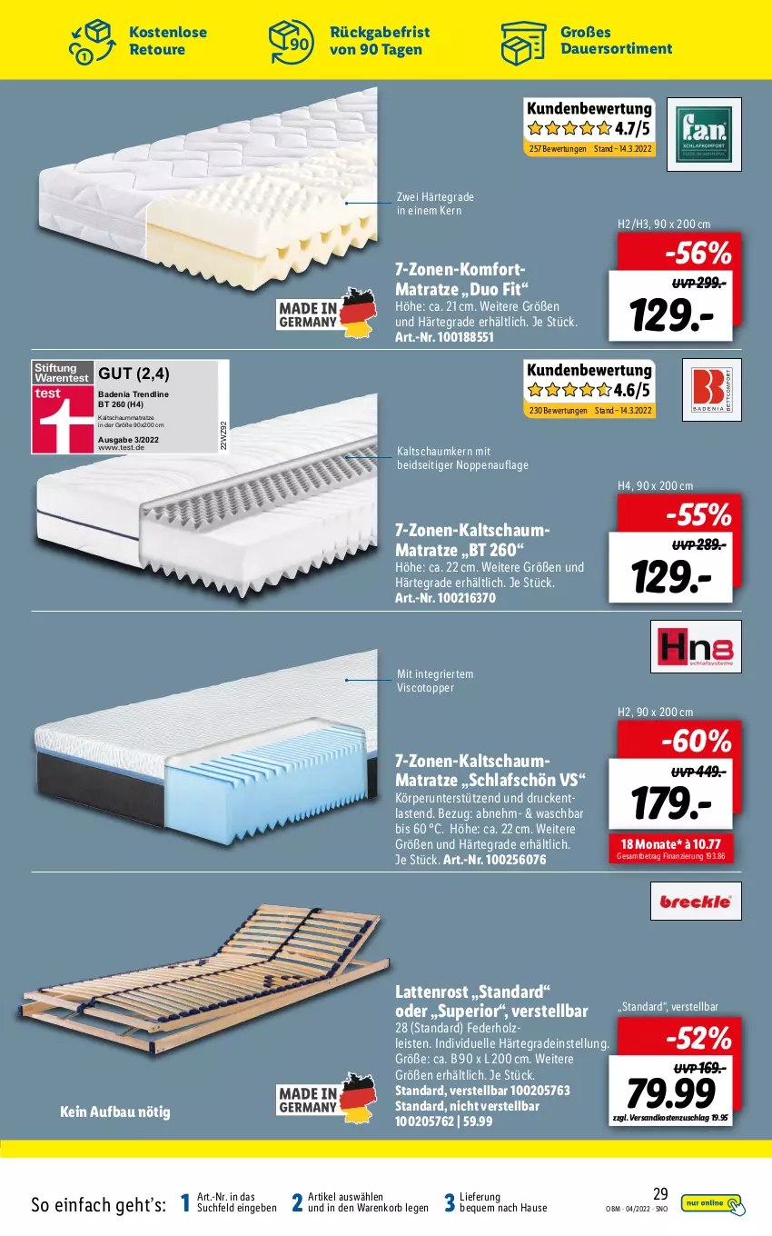 Aktueller Prospekt Lidl - Aktuelle Onlineshop-Highlights - von 01.04 bis 30.04.2022 - strona 29 - produkty: auer, Bad, Bau, eis, elle, Holz, kaltschaummatratze, korb, latte, lattenrost, matratze, ndk, Schaummatratze, Ti, topper