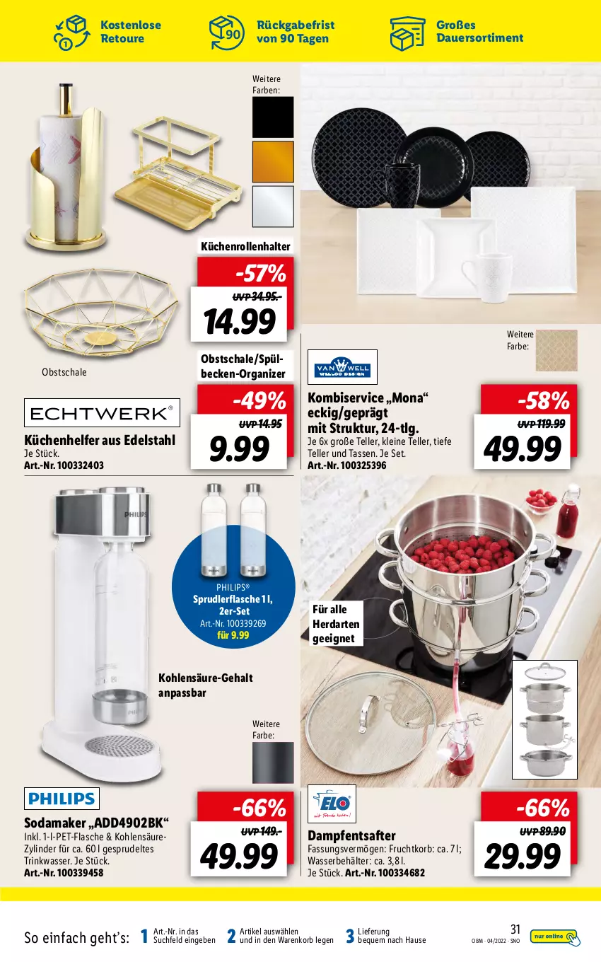 Aktueller Prospekt Lidl - Aktuelle Onlineshop-Highlights - von 01.04 bis 30.04.2022 - strona 31 - produkty: auer, Behälter, edelstahl, elle, Entsafter, flasche, frucht, herdarten, Kombiservice, korb, küche, Küchen, Küchenhelfer, küchenrolle, küchenrollen, leine, LG, obst, pet-flasche, Philips, saft, Schal, Schale, Soda, Sprudel, tasse, teller, Ti, wasser