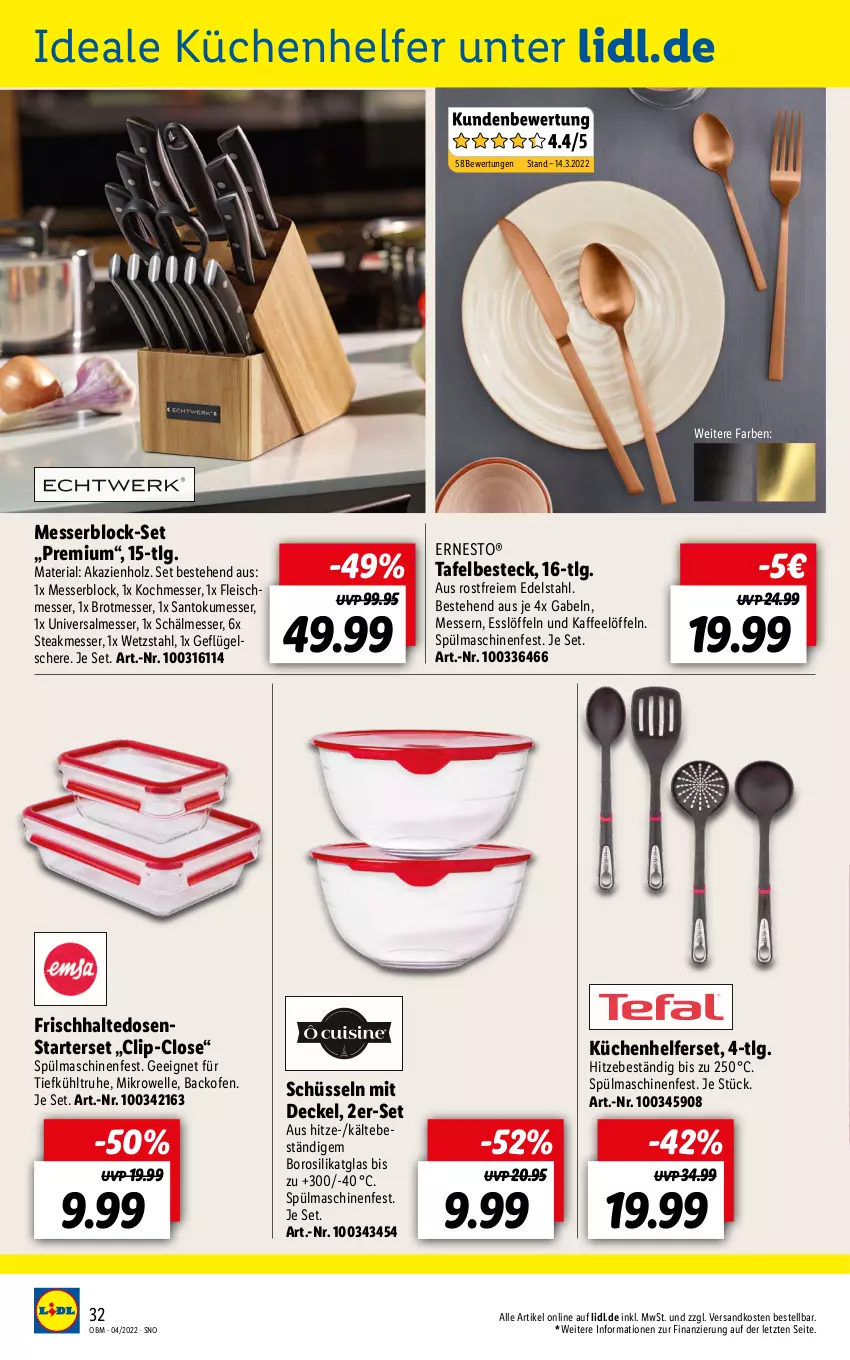 Aktueller Prospekt Lidl - Aktuelle Onlineshop-Highlights - von 01.04 bis 30.04.2022 - strona 32 - produkty: backofen, besteck, brot, decke, Deckel, edelstahl, eis, elle, ernesto, fleisch, frischhaltedosen, gabel, Geflügel, Holz, kaffee, küche, Küchen, Küchenhelfer, LG, Löffel, messer, messerblock, mikrowelle, ndk, Ofen, Ria, Schere, schüssel, spülmaschinen, steak, Ti, ZTE