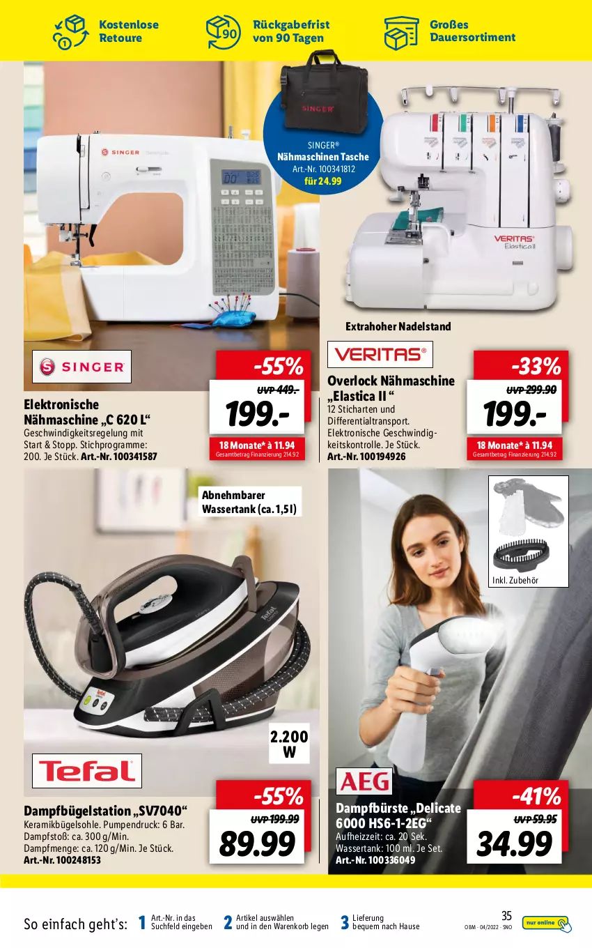 Aktueller Prospekt Lidl - Aktuelle Onlineshop-Highlights - von 01.04 bis 30.04.2022 - strona 35 - produkty: asti, auer, bügel, Bügelstation, bürste, dampfbügelstation, Elektro, HP, korb, Nähmaschine, Sport, Tasche, Ti, wasser, wassertank