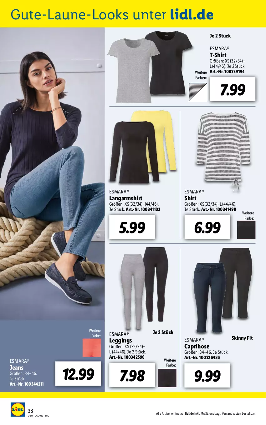 Aktueller Prospekt Lidl - Aktuelle Onlineshop-Highlights - von 01.04 bis 30.04.2022 - strona 38 - produkty: Cap, caprihose, esmara, gin, hose, jeans, Langarmshirt, leggings, ndk, shirt, T-Shirt, Ti