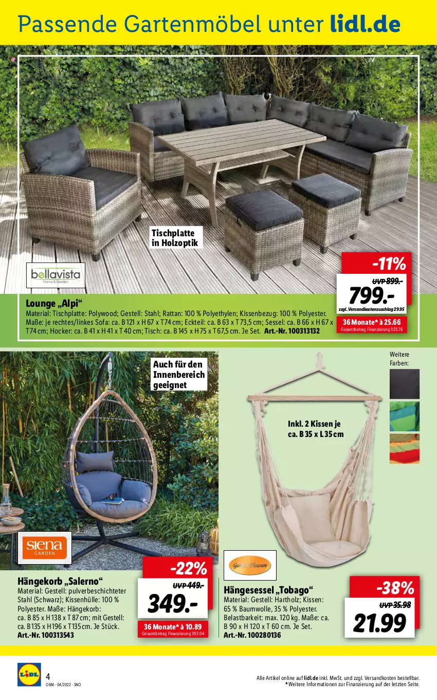 Aktueller Prospekt Lidl - Aktuelle Onlineshop-Highlights - von 01.04 bis 30.04.2022 - strona 4 - produkty: Bau, baumwolle, Garten, gartenmöbel, hängesessel, hocker, Holz, HP, kissen, Kissenbezug, kissenhülle, korb, latte, möbel, ndk, Ria, sessel, Sofa, Ti, tisch, tischplatte, wolle, ZTE