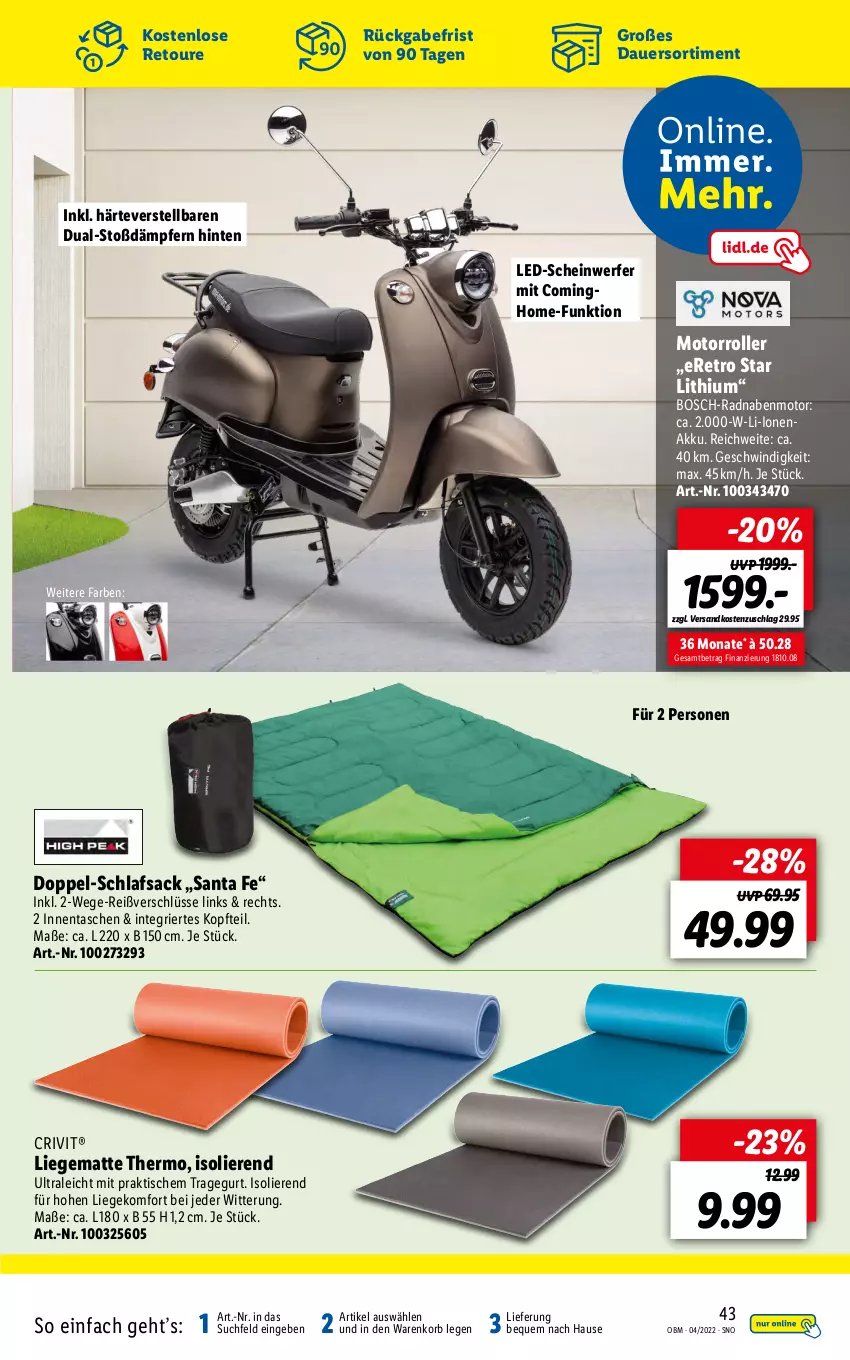 Aktueller Prospekt Lidl - Aktuelle Onlineshop-Highlights - von 01.04 bis 30.04.2022 - strona 43 - produkty: akku, auer, bosch, crivit, korb, Liege, Motorroller, ndk, Roller, sac, schlafsack, Tasche, taschen, Ti, tisch