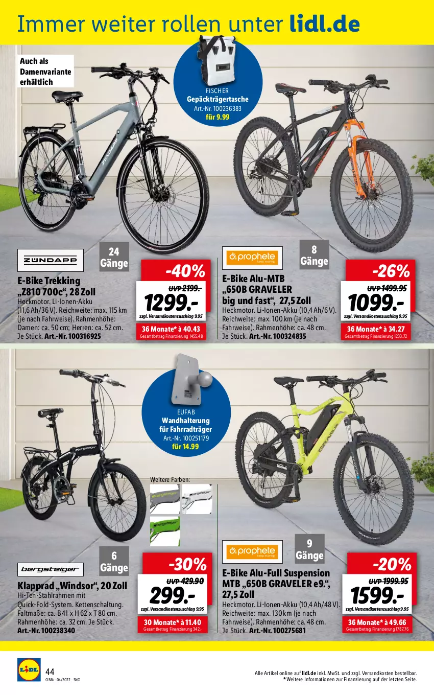 Aktueller Prospekt Lidl - Aktuelle Onlineshop-Highlights - von 01.04 bis 30.04.2022 - strona 44 - produkty: akku, E-Bike, eis, eufab, Fahrrad, fisch, fische, Fischer, Kette, Klapprad, ndk, Ria, rwe, Schal, Tasche, Ti, wandhalterung, ZTE