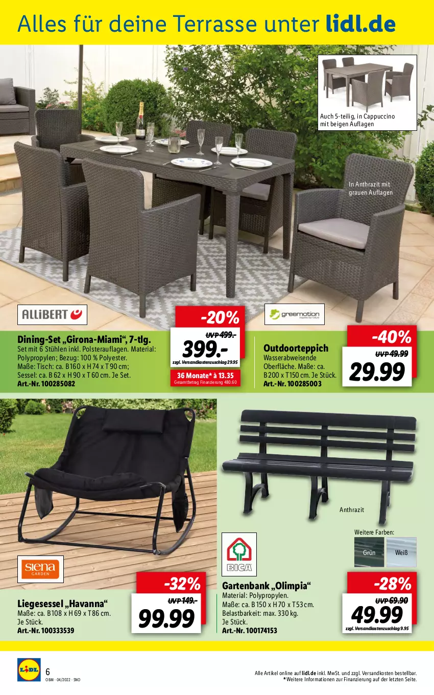 Aktueller Prospekt Lidl - Aktuelle Onlineshop-Highlights - von 01.04 bis 30.04.2022 - strona 6 - produkty: Bank, Cap, cappuccino, cin, eis, Garten, gartenbank, LG, Liege, ndk, Ria, sessel, Stühl, teppich, Ti, tisch, wasser, ZTE