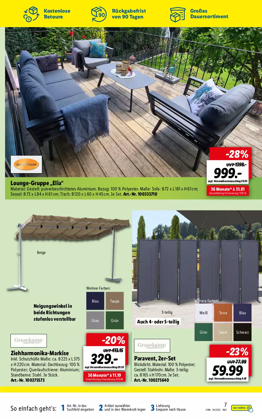 Aktueller Prospekt Lidl - Aktuelle Onlineshop-Highlights - von 01.04 bis 30.04.2022 - strona 7 - produkty: auer, gsw, korb, ndk, Paravent, Ria, schutzhülle, sessel, Sofa, Ti, tisch