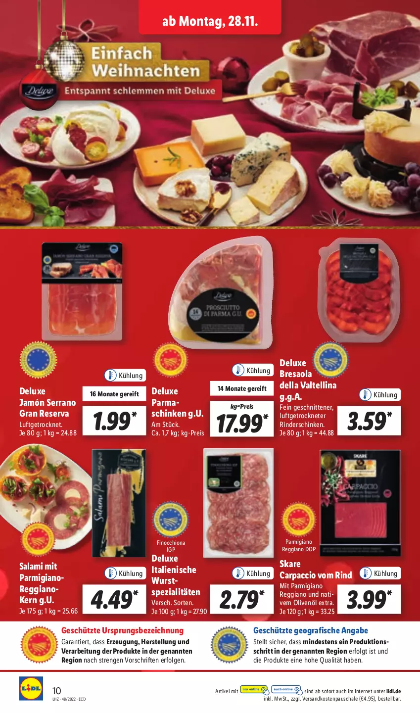 Aktueller Prospekt Lidl - Aktionsprospekt - von 28.11 bis 03.12.2022 - strona 10 - produkty: ACC, Bresaola, Carpaccio, dell, eis, fisch, fische, jamón serrano, LG, ndk, olive, oliven, olivenöl, olivenöl extra, parmaschinken, parmigiano, parmigiano reggiano, reggiano, reis, resa, rind, rinder, salami, Schal, Schale, schinken, schnitten, serrano, Spezi, Ti, wurst, ZTE