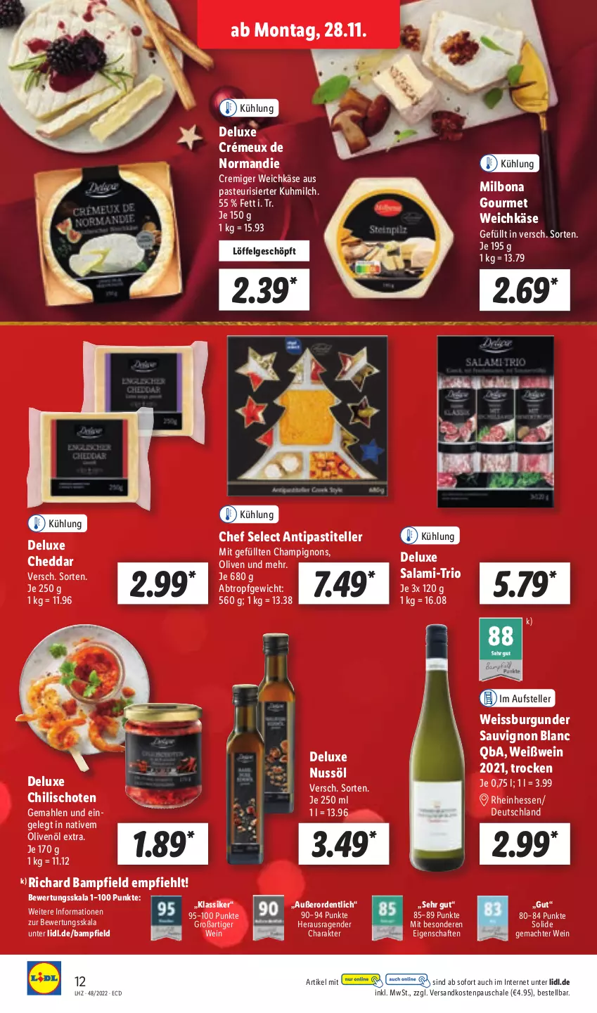 Aktueller Prospekt Lidl - Aktionsprospekt - von 28.11 bis 03.12.2022 - strona 12 - produkty: antipasti, asti, Bona, burgunder, champignon, champignons, cheddar, chili, eis, elle, Käse, LG, Löffel, mac, Milbona, milch, ndk, nuss, olive, oliven, olivenöl, olivenöl extra, salami, sauvignon, sauvignon blanc, Schal, Schale, teller, Ti, weichkäse, wein, Weißwein