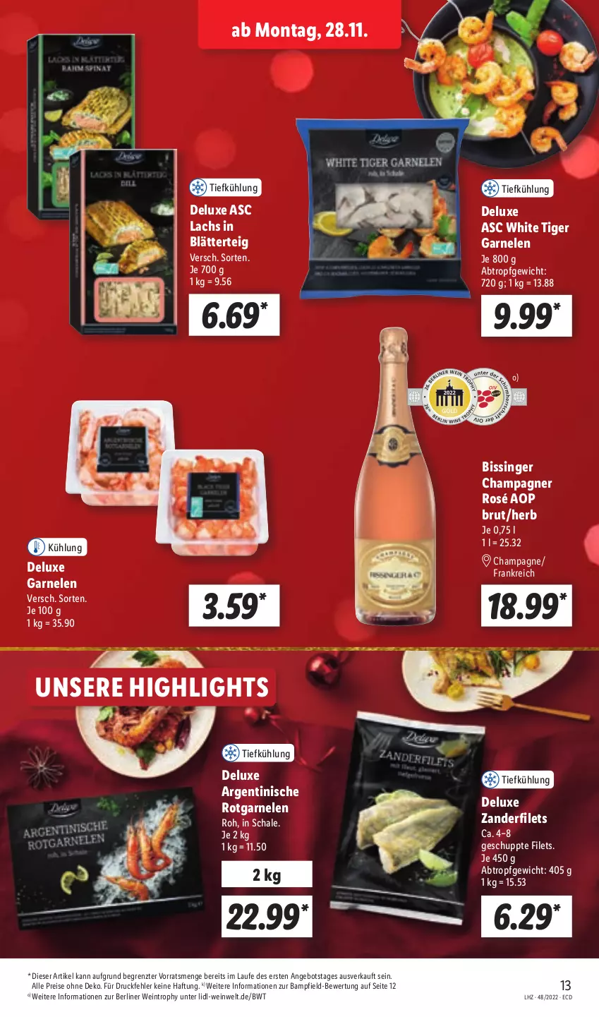 Aktueller Prospekt Lidl - Aktionsprospekt - von 28.11 bis 03.12.2022 - strona 13 - produkty: angebot, berliner, blätterteig, brut, champagne, champagner, eis, filet, filets, garnelen, lachs, reis, Schal, Schale, Ti, wein, Zander, Zanderfilets, ZTE