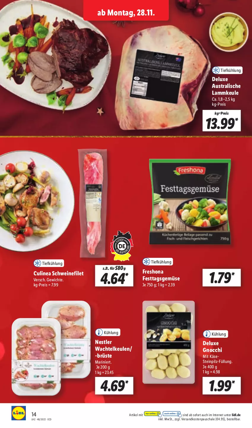 Aktueller Prospekt Lidl - Aktionsprospekt - von 28.11 bis 03.12.2022 - strona 14 - produkty: aust, eis, filet, gnocchi, Käse, lamm, lammkeule, ndk, reis, Schal, Schale, schwein, schweine, schweinefilet, Ti, wein, weine