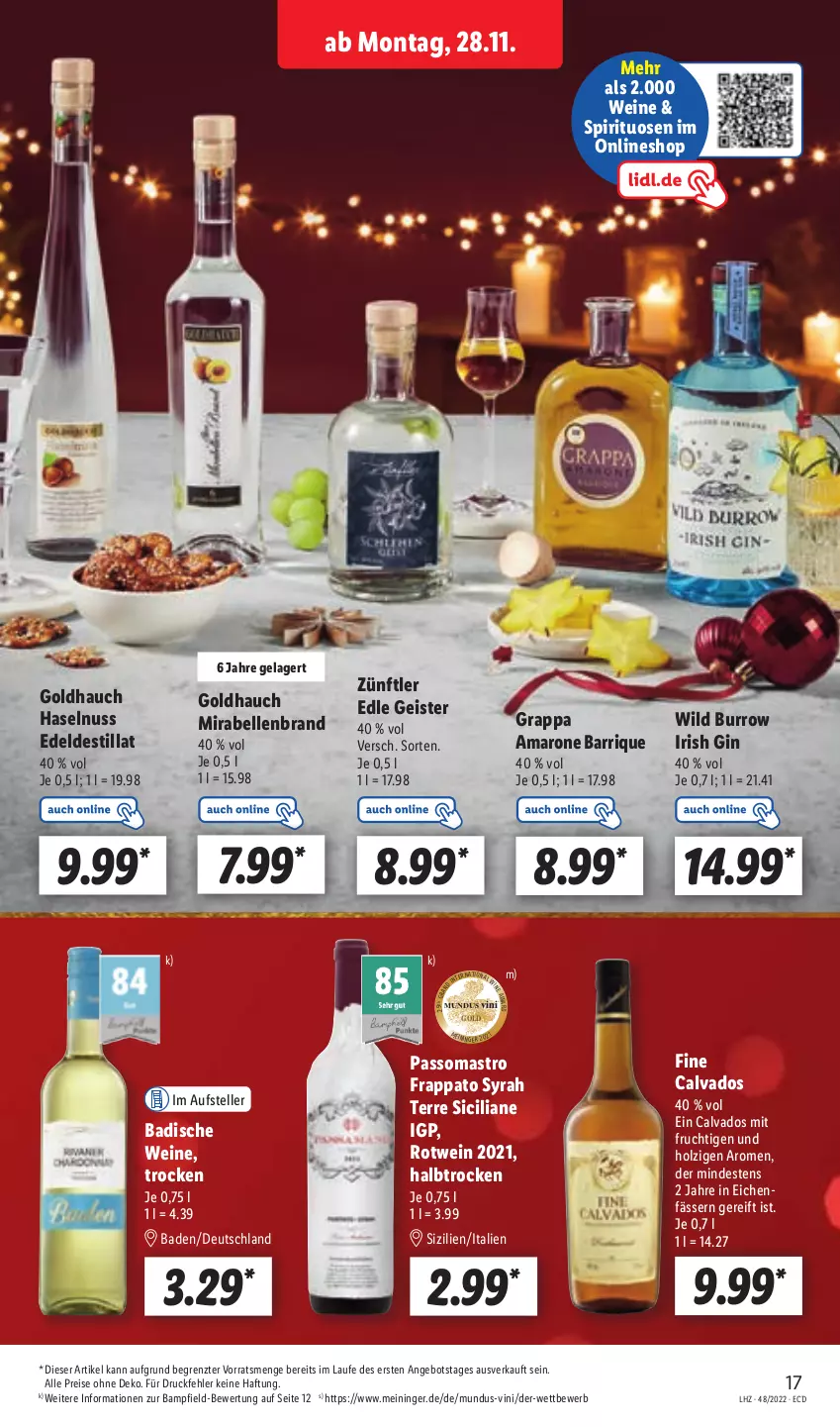 Aktueller Prospekt Lidl - Aktionsprospekt - von 28.11 bis 03.12.2022 - strona 17 - produkty: amaro, angebot, Bad, eis, elle, frucht, gin, grappa, haselnuss, Holz, mit frucht, nuss, passo, reis, rotwein, spirituosen, teller, Ti, wein, weine, Wild, ZTE