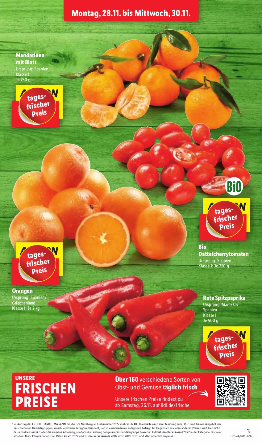 Aktueller Prospekt Lidl - Aktionsprospekt - von 28.11 bis 03.12.2022 - strona 3 - produkty: Abtei, angebot, bio, cherrytomaten, discount, eis, frucht, magazin, mandarine, mandarinen, obst, orange, orangen, paprika, reis, Spitzpaprika, Ti, tomate, tomaten, und gemüse