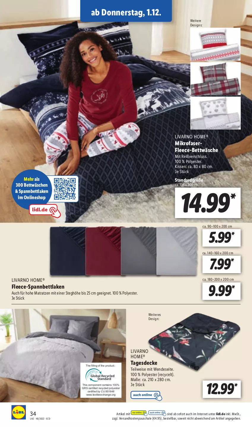 Aktueller Prospekt Lidl - Aktionsprospekt - von 28.11 bis 03.12.2022 - strona 34 - produkty: bett, bettwäsche, decke, eis, kissen, matratze, matratzen, mikrofaser, ndk, Schal, Schale, spannbettlaken, tagesdecke, Ti