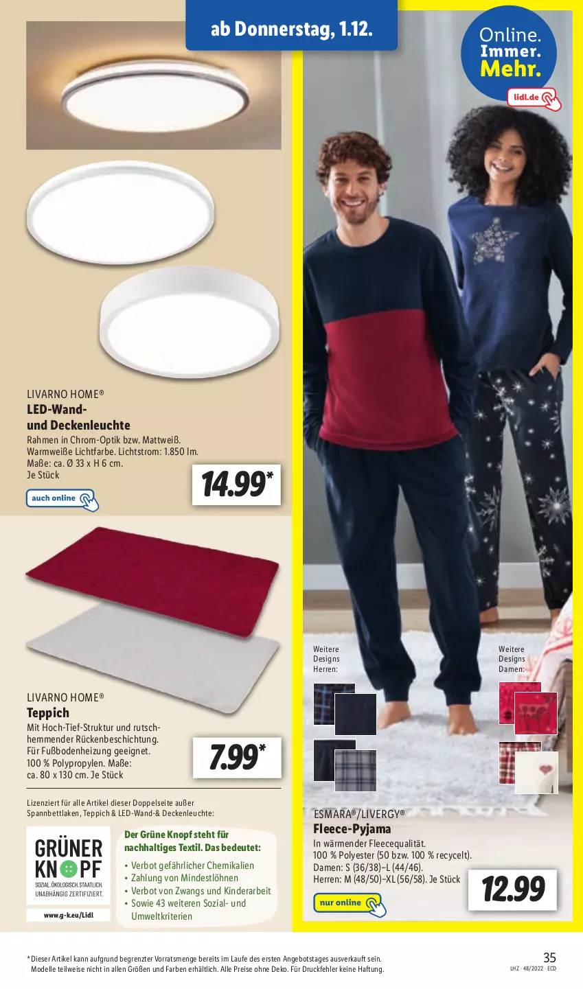 Aktueller Prospekt Lidl - Aktionsprospekt - von 28.11 bis 03.12.2022 - strona 35 - produkty: angebot, bett, decke, deckenleuchte, dell, eis, elle, esmara, Kinder, Leuchte, livergy, Mode, Pyjama, reis, spannbettlaken, teppich, Ti, ZTE