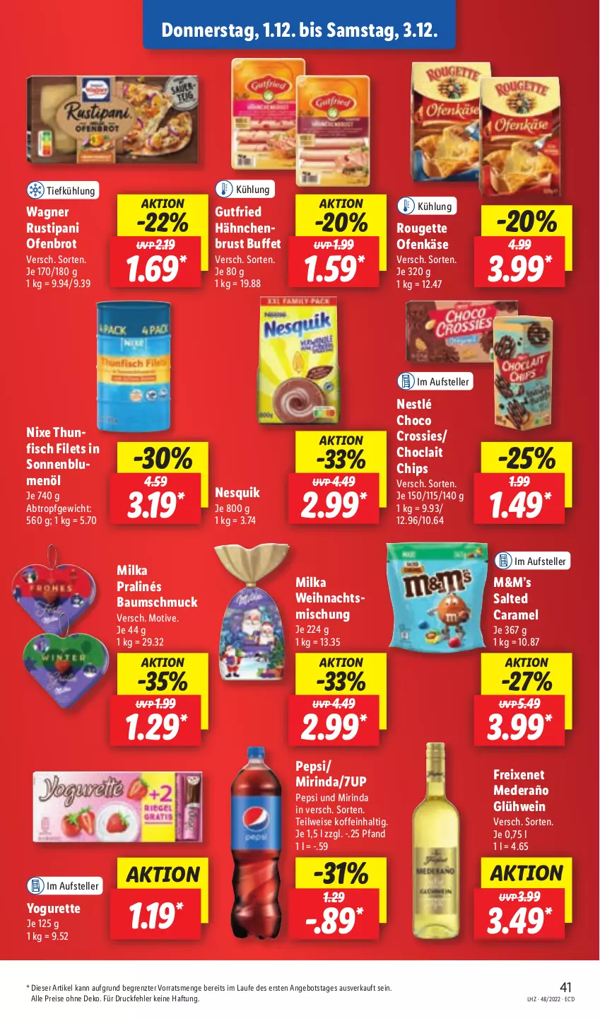 Aktueller Prospekt Lidl - Aktionsprospekt - von 28.11 bis 03.12.2022 - strona 41 - produkty: 7UP, angebot, Bau, Baumschmuck, blume, blumen, blumenöl, brot, caramel, chips, choclait chips, choco crossies, crossies, eis, elle, filet, filets, fisch, freixenet, Glühwein, gutfried, Käse, milka, Mirinda, nesquik, nestlé, Ofen, Ofenkäse, pepsi, reis, rind, rouge, rougette, rustipani, Schmuck, sonnenblume, sonnenblumen, sonnenblumenöl, teller, thunfisch, thunfisch filets, Ti, wagner, wein, Yo, yogurette, ZTE