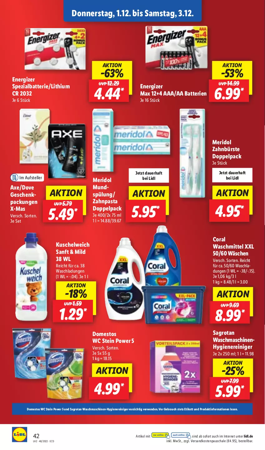 Aktueller Prospekt Lidl - Aktionsprospekt - von 28.11 bis 03.12.2022 - strona 42 - produkty: auer, axe, batterie, batterien, bürste, Coral, domestos, dove, elle, energizer, Kuschelweich, meridol, ndk, pasta, Rauch, reiniger, rwe, sagrotan, Schal, Schale, Spezi, spülung, teller, Ti, waschmaschine, waschmaschinen, waschmittel, zahnbürste, zahnpasta