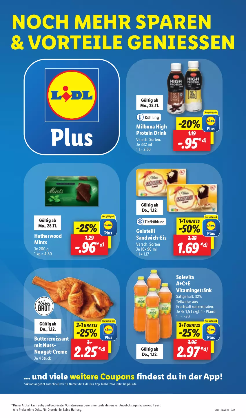 Aktueller Prospekt Lidl - Aktionsprospekt - von 28.11 bis 03.12.2022 - strona 45 - produkty: angebot, Bona, brot, butter, coupon, coupons, creme, Croissant, drink, eis, Gelatelli, getränk, Milbona, mint, nuss, reis, saft, sandwich, Ti, vita, ZTE