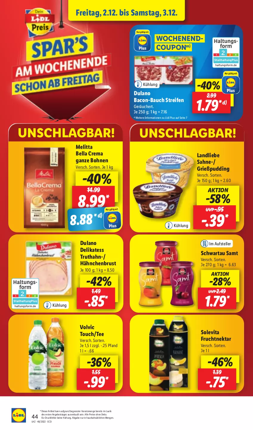 Aktueller Prospekt Lidl - Aktionsprospekt - von 28.11 bis 03.12.2022 - strona 46 - produkty: angebot, bacon, Bau, bella crema, bohne, bohnen, coupon, drucker, dulano, eis, elle, Engel, frucht, Grießpudding, hähnchenbrust, kerze, landliebe, melitta, Nektar, papier, pudding, reifen, reis, sahne, Schwartau, tee, teller, Ti, truthahn, vita, volvic, ZTE