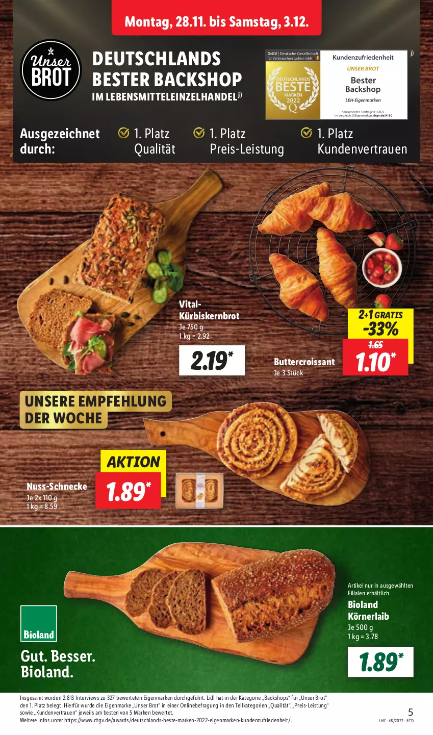 Aktueller Prospekt Lidl - Aktionsprospekt - von 28.11 bis 03.12.2022 - strona 5 - produkty: bio, bioland, brot, butter, Croissant, eis, Kürbis, lebensmittel, nuss, reis, Ti, vita