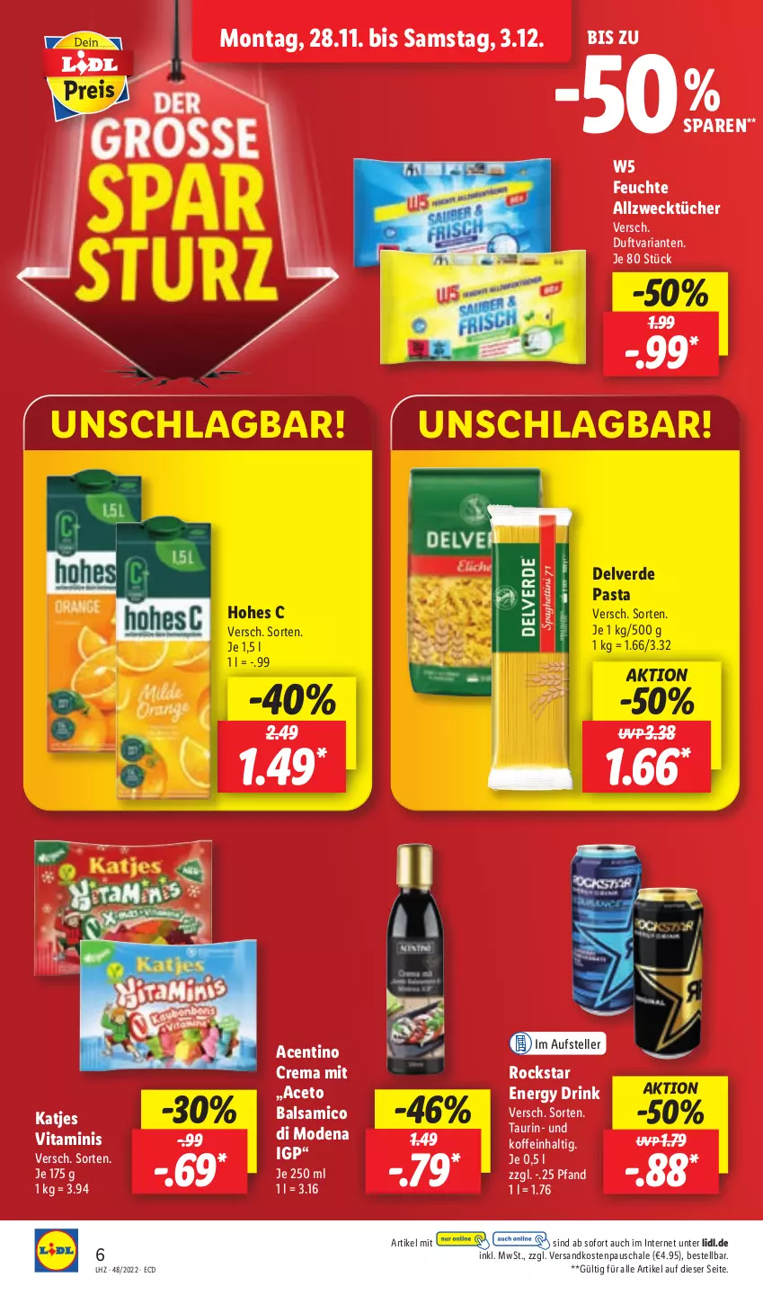 Aktueller Prospekt Lidl - Aktionsprospekt - von 28.11 bis 03.12.2022 - strona 6 - produkty: aceto, aceto balsamico, Allzwecktücher, balsam, balsamico, drink, elle, energy drink, erde, Hohes C, katjes, Mode, ndk, pasta, Ria, Rockstar, Schal, Schale, teller, Ti, tücher, vita, weck