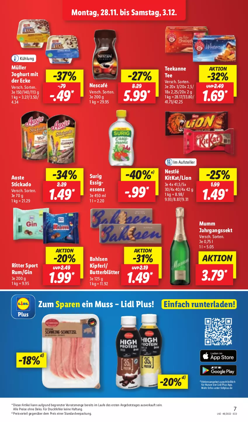 Aktueller Prospekt Lidl - Aktionsprospekt - von 28.11 bis 03.12.2022 - strona 7 - produkty: angebot, aoste stickado, bahlsen, butter, eis, elle, essig, gin, jahrgangssekt, joghur, joghurt, joghurt mit der ecke, kitkat, lion, Müller, mumm, Nescafé, nestlé, preisvorteil, reis, ritter, ritter sport, rum, sekt, Sport, stickado, tee, teekanne, teller, Ti, ZTE