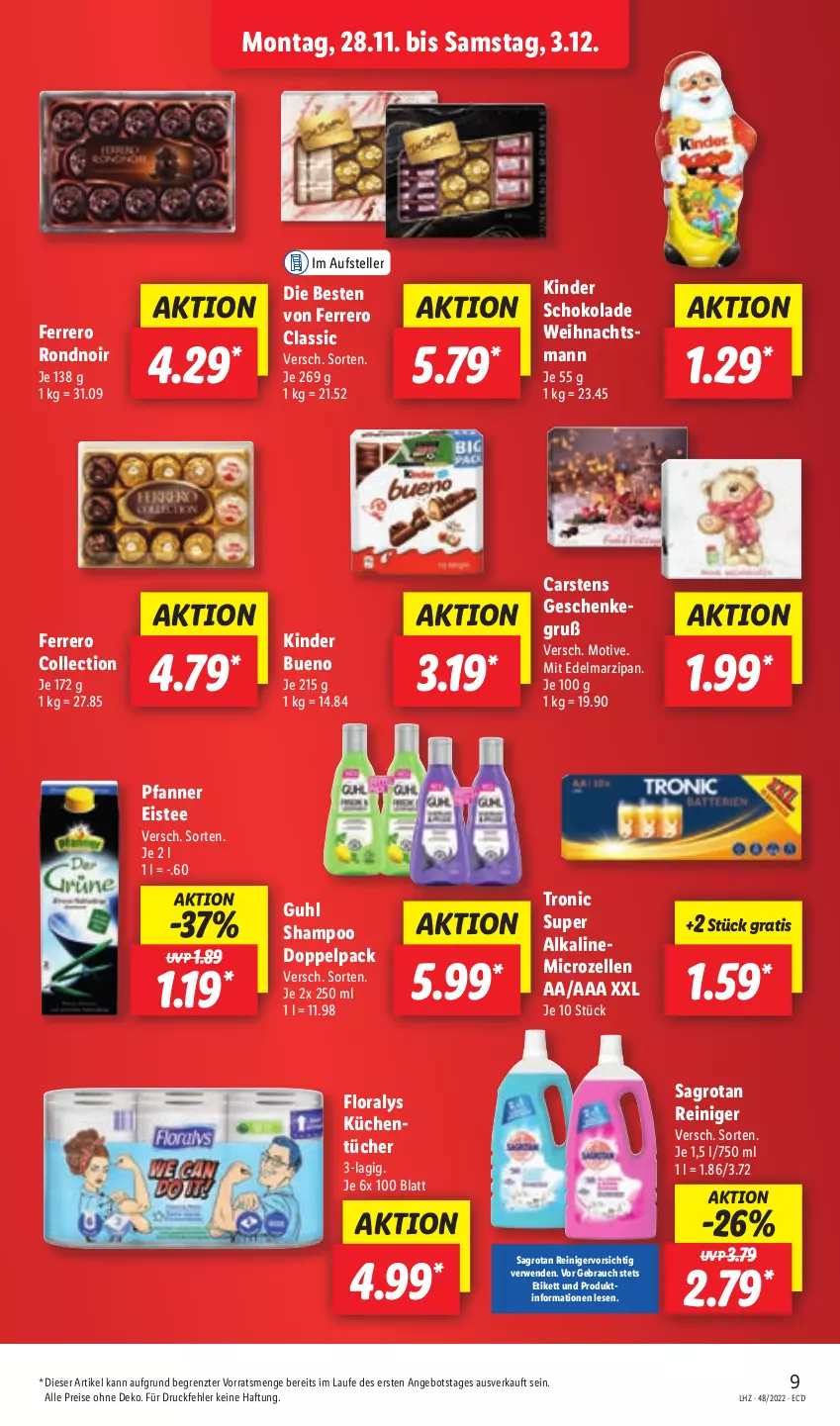 Aktueller Prospekt Lidl - Aktionsprospekt - von 28.11 bis 03.12.2022 - strona 9 - produkty: angebot, Cars, Edelmarzipan, eis, eistee, elle, ferrero, Floralys, Guhl, Kinder, kinder bueno, kinder schokolade, küche, Küchen, marzipan, pfanne, Pfanner, Rauch, reiniger, reis, rwe, sagrotan, schoko, schokolade, shampoo, tee, teller, Ti, tücher, ZTE