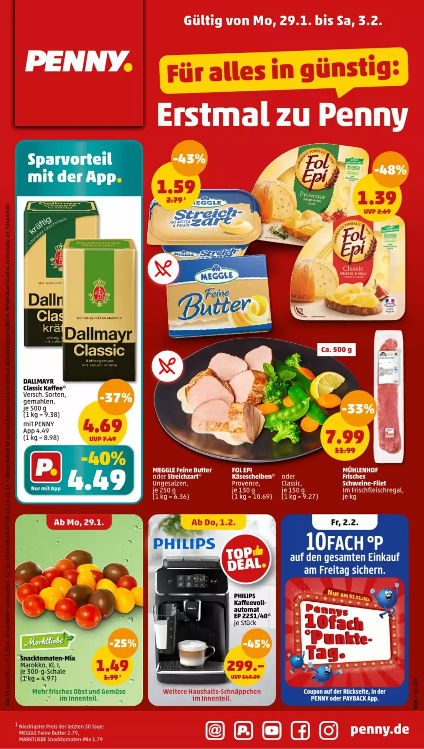 Aktueller Prospekt Penny - Prospekte - von 29.01 bis 03.02.2024 - strona 1 - produkty: auto, coupon, dallmayr, ente, kaffee, meggle, obst, Obst und Gemüse, payback, Schal, Schale, Ti, tomate, tomaten, und gemüse