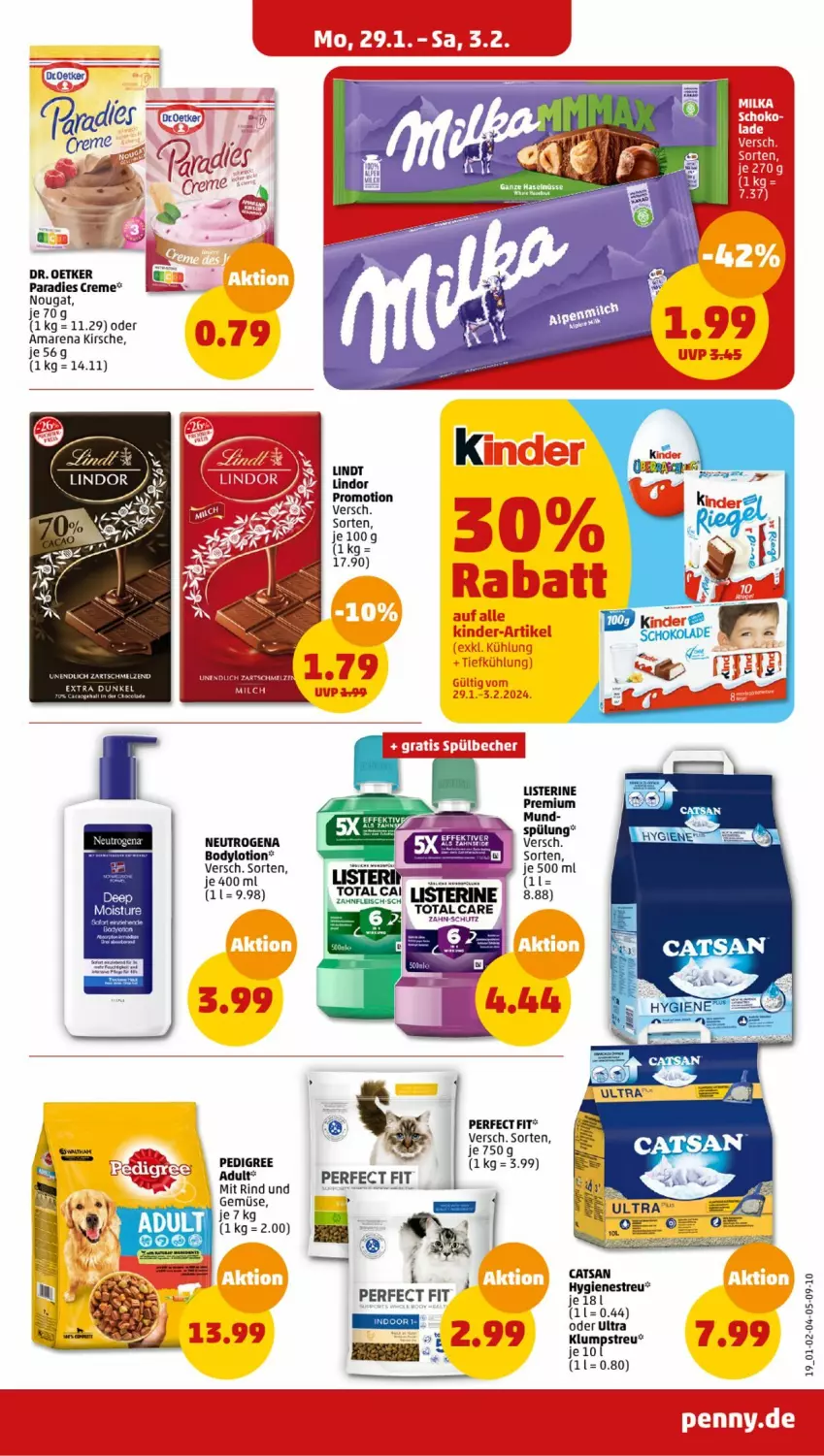 Aktueller Prospekt Penny - Prospekte - von 29.01 bis 03.02.2024 - strona 19 - produkty: body, bodylotion, cola, creme, droetker, kirsch, kirsche, klumpstreu, lindor, lindt, listerine, Lotion, milch, neutrogena, Paradies Creme, pedigree, Perfect Fit, rind, spülung, Ti