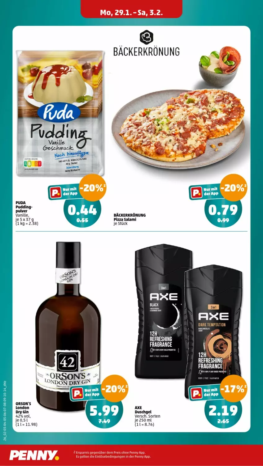 Aktueller Prospekt Penny - Prospekte - von 29.01 bis 03.02.2024 - strona 26 - produkty: axe, dry gin, duschgel, gin, pizza, pudding, salami, Ti, vanille