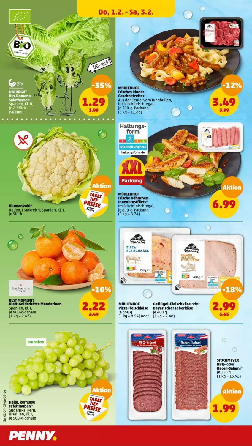 Aktueller Prospekt Penny - Prospekte - von 29.01 bis 03.02.2024 - strona 36 - produkty: bacon, blume, blumen, blumenkohl, brustfilet, eis, elle, filet, filets, fleisch, fleischkäse, Frische Hähnchen, Geflügel, geschnetzeltes, jungbullen, Käse, leberkäs, leberkäse, mandarine, mandarinen, pizza, regal, reis, rind, rinder, salami, Schal, Schale, stockmeyer, tafeltrauben, trauben, Zelt