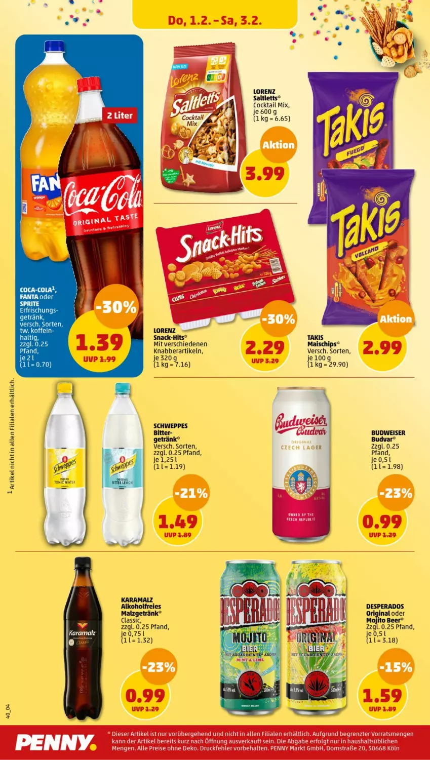 Aktueller Prospekt Penny - Prospekte - von 29.01 bis 03.02.2024 - strona 40 - produkty: alkohol, budweiser, chips, coca-cola, cocktail, cola, desperados, eis, fanta, fanta oder, fanta oder sprite, getränk, gin, karamalz, lorenz, mais, malz, oder sprite, rama, saltletts, schweppes, snack, sprite, Ti, tonic, tonic water