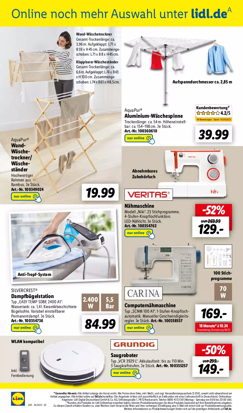 Aktueller Prospekt Lidl - Wochen-Highlights im Onlineshop - von 18.09 bis 24.09.2023 - strona 6 - produkty: akku, angebot, angebote, aqua, AquaPur, auto, bambus, bügel, Bügelstation, computer, dampfbügelstation, dell, eis, elle, fernbedienung, HP, kraft, messer, Mode, Nähmaschine, ndk, pute, reis, rel, Ria, Saugroboter, Schal, Schale, silvercrest, telefon, Ti, Trockner, uhr, wäschespinne, wäschetrockner, wasser, wassertank, weck