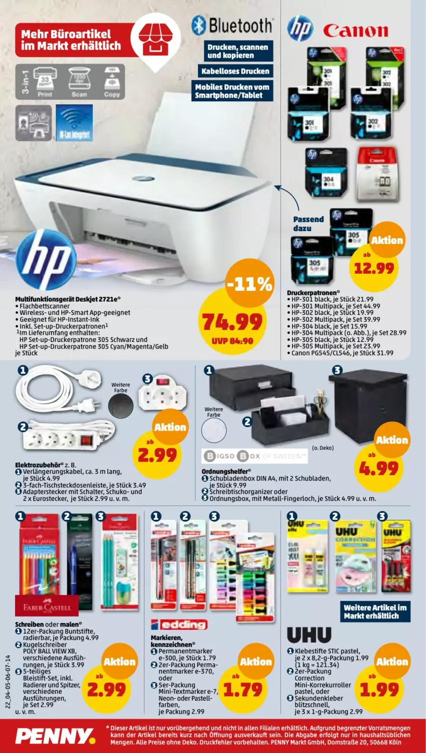 Aktueller Prospekt Penny - Prospekte - von 24.04 bis 29.04.2023 - strona 22 - produkty: adapter, ball, bett, Bleistift, buntstifte, canon, din a4, drucker, eis, Elektro, HP, kleber, Kugel, kugelschreiber, lack, LG, reis, rel, Roller, rum, Scanner, Schal, schreibtisch, schubladen, steckdose, Steckdosenleiste, stifte, textmarker, Ti, tisch, ZTE