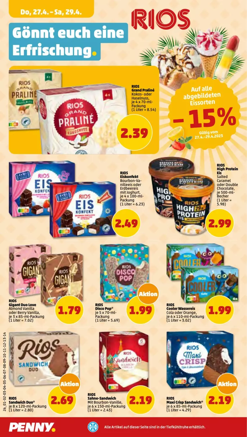 Aktueller Prospekt Penny - Prospekte - von 24.04 bis 29.04.2023 - strona 26 - produkty: Becher, beere, bourbon, caramel, cola, eis, eiskonfekt, erdbeere, haselnuss, joghur, joghurt, kokos, nuss, orange, reis, sahne, sandwich, vanille, wasser, wassereis