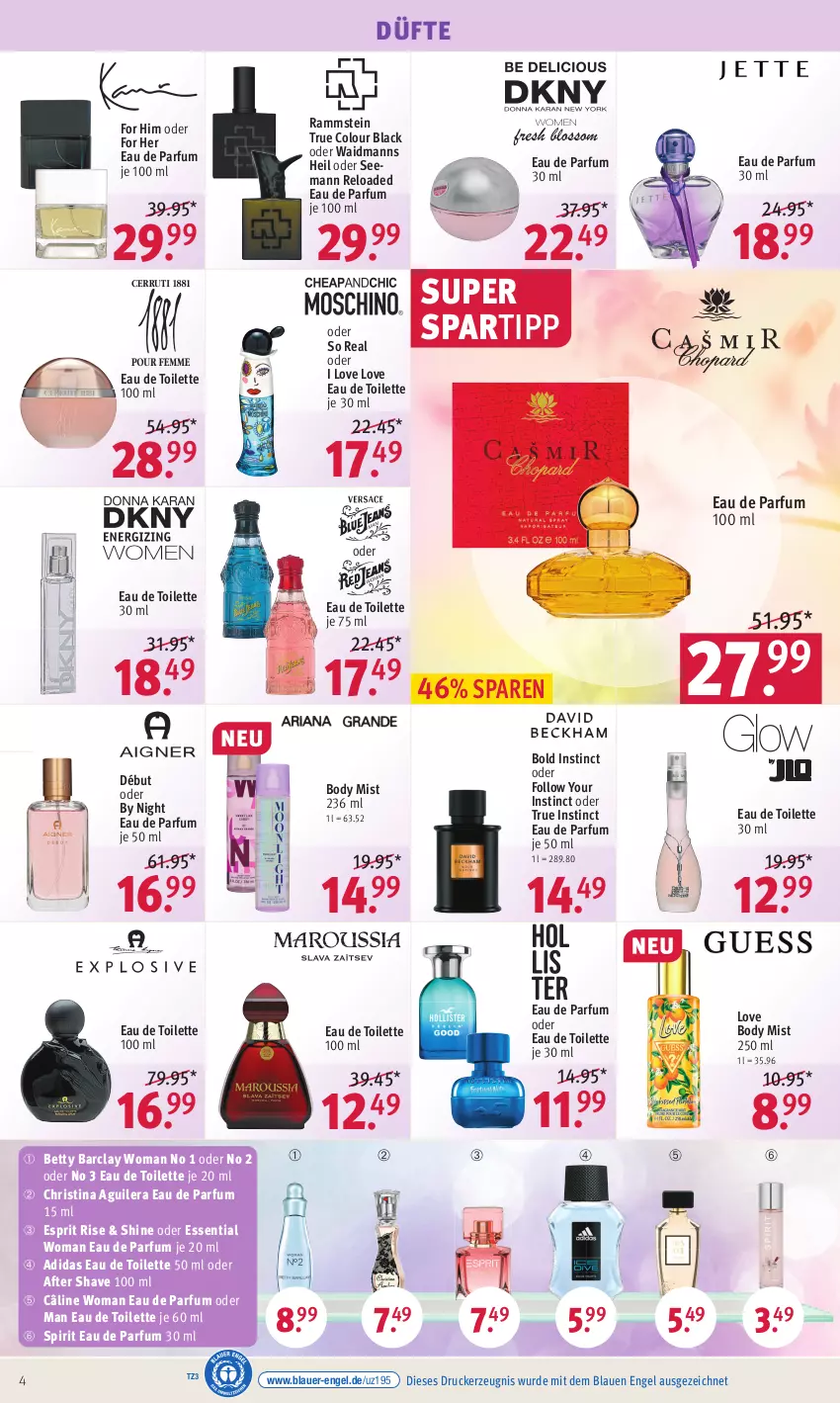 Aktueller Prospekt Rossmann - Prospekte - von 19.02 bis 23.02.2024 - strona 4 - produkty: Adidas, after shave, auer, bett, body, drucker, Eau de parfum, eau de parfum 30 ml, eau de toilette, eau de toilette 100 ml, eau de toilette 30 ml, eau de toilette 50 ml, Engel, esprit, kerze, lack, parfum, rel, spartipp, Ti, Yo