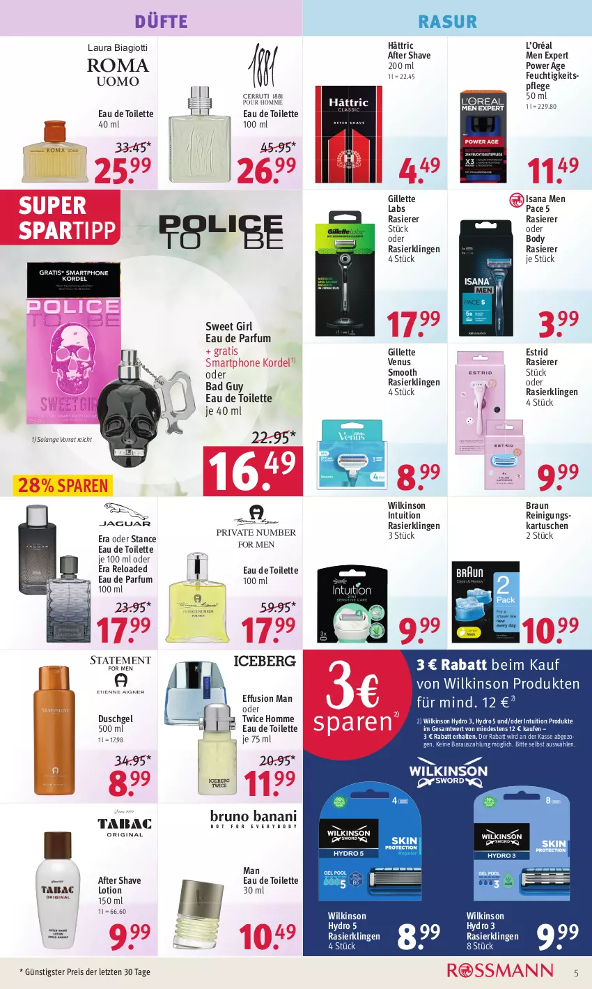 Aktueller Prospekt Rossmann - Prospekte - von 19.02 bis 23.02.2024 - strona 5 - produkty: after shave, Bad, body, braun, duschgel, Eau de parfum, eau de toilette, eau de toilette 100 ml, eau de toilette 30 ml, eis, feuchtigkeitspflege, gillette, gillette venus, isana, laura biagiotti, Lotion, parfum, rasierer, Rasierklinge, rasierklingen, Reinigung, reis, rel, sana, smartphone, spartipp, Ti, venus, wilkinson, ZTE