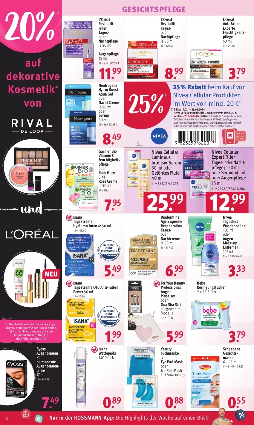 Aktueller Prospekt Rossmann - Prospekte - von 19.02 bis 23.02.2024 - strona 6 - produkty: anti-falten experte, aqua, Augenpflege, Bebe, bio, cellular filler, coupon, creme, dell, Diadermine, elle, ente, feuchtigkeitspflege, For Your Beauty, garnier, Gesichtsmaske, gesichtspflege, HP, hyaluron, isana, kosmetik, Make-up, Maske, Mode, nachtcreme, nachtpflege, neutrogena, nivea, Peeling, Pinsel, Pinselset, Q10, Reinigung, reinigungstücher, Revital, revitalift, rum, sana, Schaebens, Serum, syoss, tagescreme, Ti, tuc, tücher, tuchmaske, vita, Vitamin C, wattepads, Yo