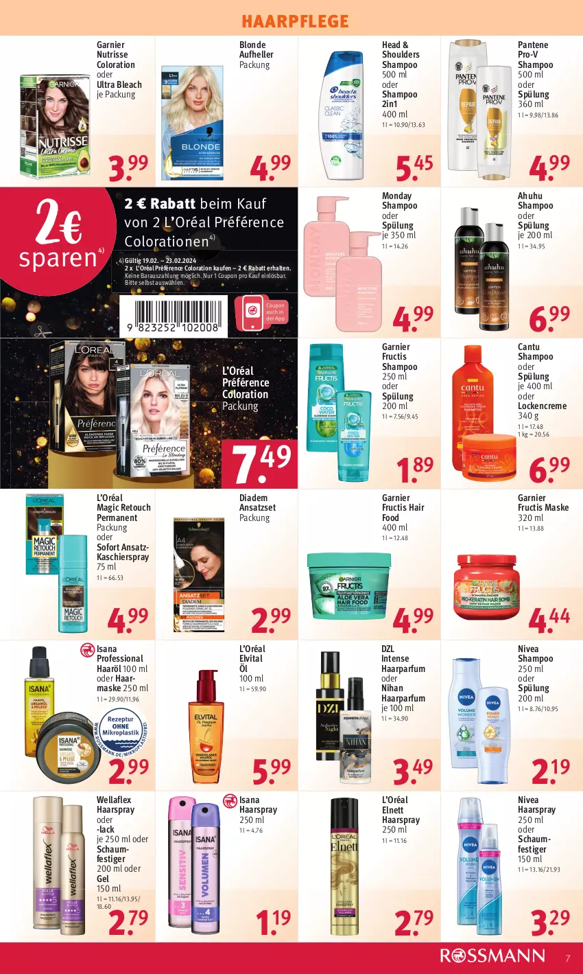 Aktueller Prospekt Rossmann - Prospekte - von 19.02 bis 23.02.2024 - strona 7 - produkty: beutel, Colorationen, coupon, creme, diadem, elle, elnett, elvital, fructis, garnier, haarpflege, haarspray, isana, lack, Maske, nivea, Nutrisse, oder schaumfestiger, pantene, pantene pro-v, parfum, pro-v, sana, schaumfestiger, shampoo, shampoo 250 ml, shampoo oder spülung, spülung, spülung 200 ml, Ti, uhu, vita, Wella, wellaflex